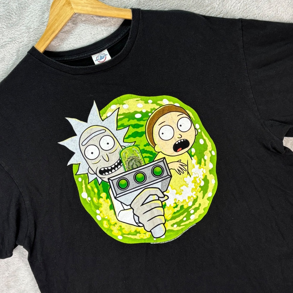 Rick and Morty Portal Gun Tee Black Trippy Cartoon Graphic T-Shirt XL Animation